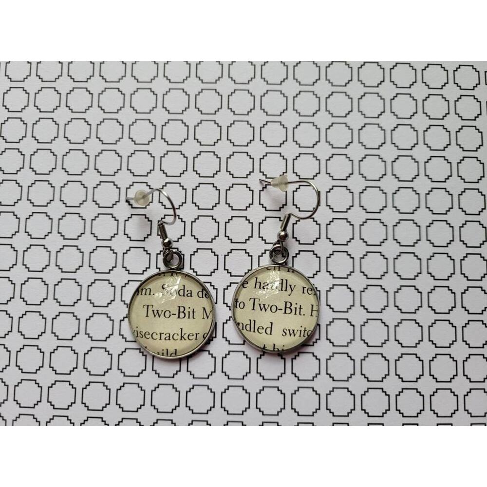 Two-Bit Mathews pendant earrings made with The Outsiders book pages
